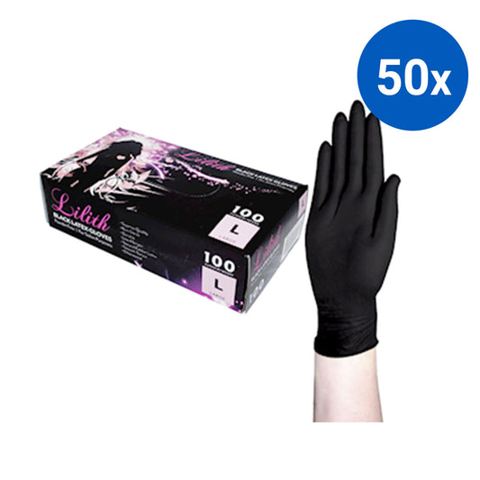 Lilith Salon Latex Gloves Size Large 100 Pcs - Black x50
