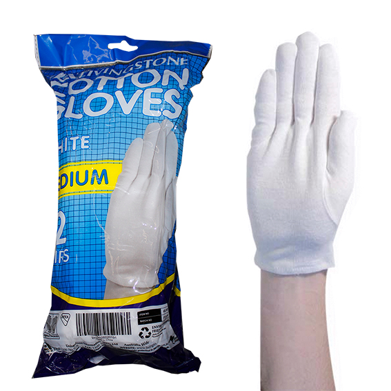 Livingstone Cotton Gloves Medium 12 Pairs/Bag - White x45