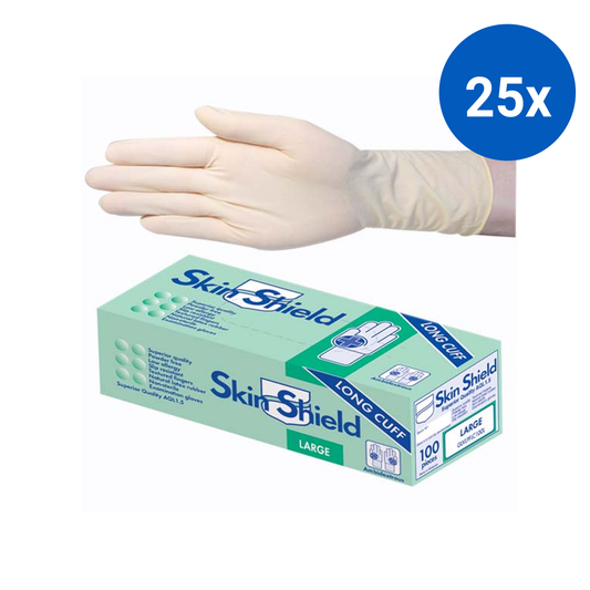 Skin Shield Biodegradable Latex Examination Gloves AS NZ Powder Free Long Cuff 30cm Large 100/Box - Cream x25