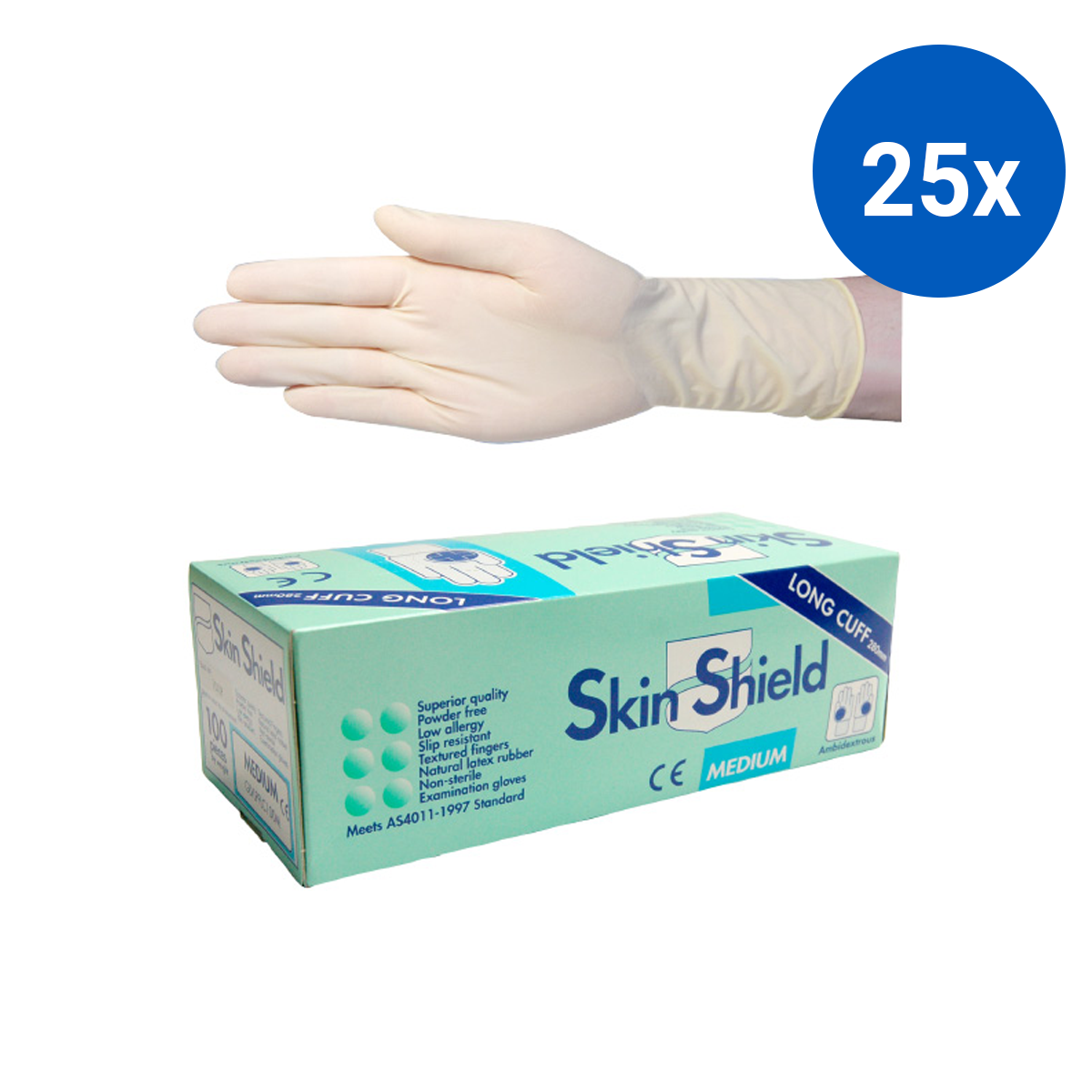 Skin Shield Latex Examination Gloves AS NZ Powder Free Long Cuff 30cm Medium 100/Box - Cream x25