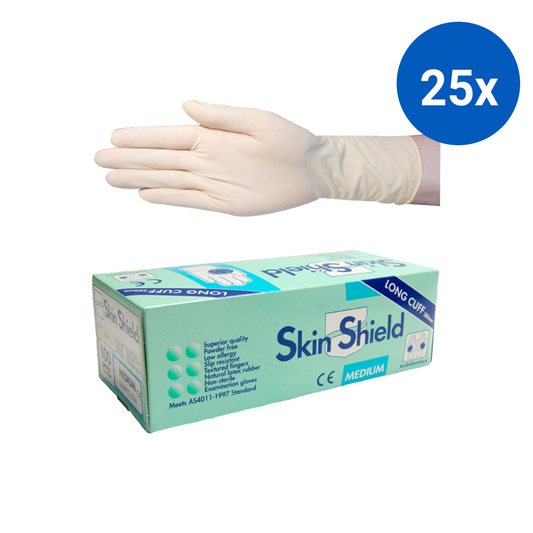 Skin Shield Latex Examination Gloves AS NZ Powder Free Long Cuff 30cm Medium 100/Box - Cream x25