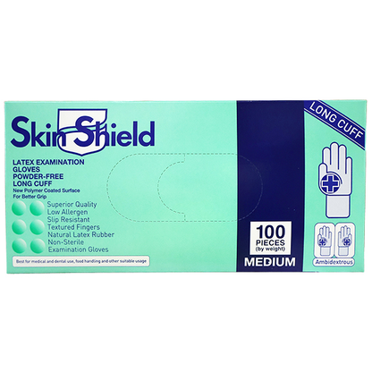 Skin Shield Latex Examination Gloves AS NZ Powder Free Long Cuff 30cm Medium 100/Box - Cream x25