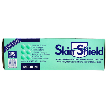 Skin Shield Latex Examination Gloves AS NZ Powder Free Long Cuff 30cm Medium 100/Box - Cream x25