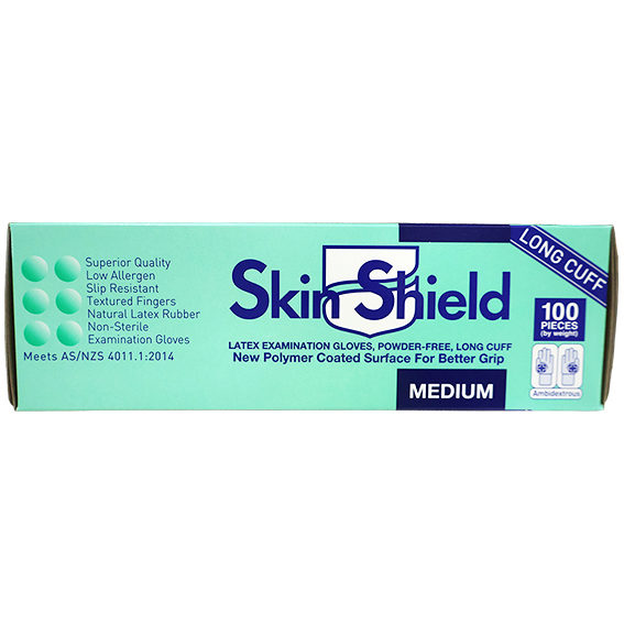Skin Shield Latex Examination Gloves AS NZ Powder Free Long Cuff 30cm Medium 100/Box - Cream x25