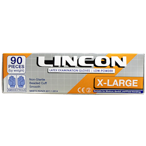 Lincon NY 2025 Special Latex Examination Gloves Low Powder and Biodegradable Extra Large 90 Pieces/Box - Cream x65