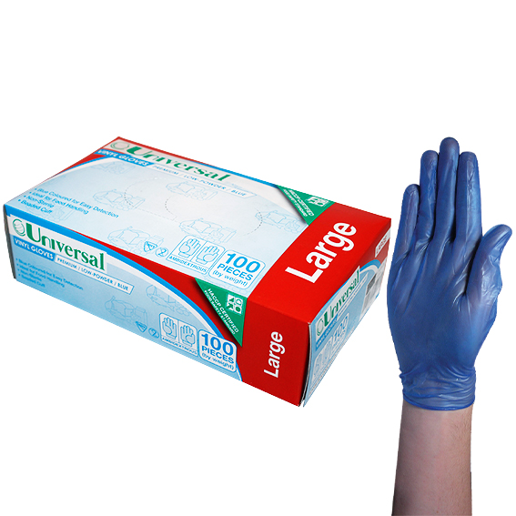 Universal Vinyl Gloves Recyclable 5.5g HACCP Grade Low Powder Large 100/Box - Blue x70