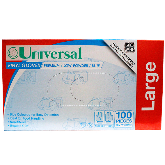 Universal Vinyl Gloves Recyclable 5.5g HACCP Grade Low Powder Large 100/Box - Blue x70