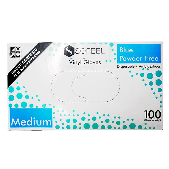 Sofeel Vinyl Gloves Recyclable 4.5g HACCP Grade Powder Free Medium 100/Box - Blue x80