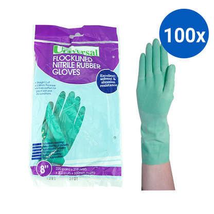 Universal Flocklined Nitrile Gloves Heavy Duty EN374 Size 8 1 Pair/Bag - Green x100
