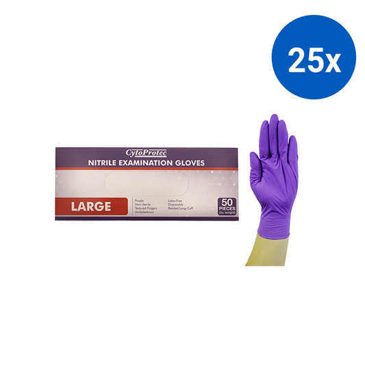 CytoProtec Extra Thick Nitrile Examination Gloves Powder Free Large Long Cuff 50/Box - Purple x25