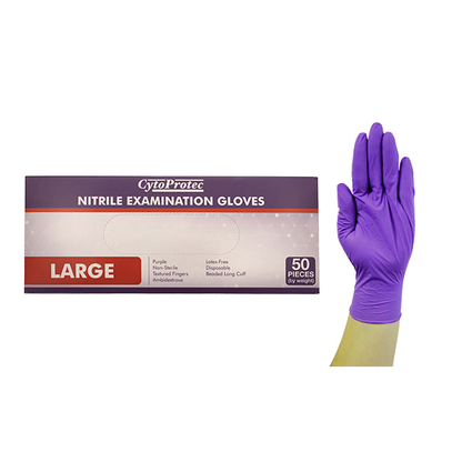 CytoProtec Extra Thick Nitrile Examination Gloves Powder Free Large Long Cuff 50/Box - Purple x25