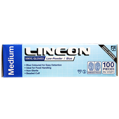 Lincon Vinyl Gloves Recyclable 5.0g HACCP Low Powder Medium 100/Box - Blue x70