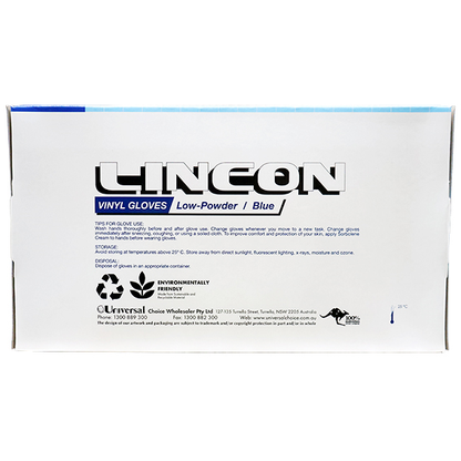 Lincon Vinyl Gloves Recyclable 5.0g HACCP Low Powder Medium 100/Box - Blue x70