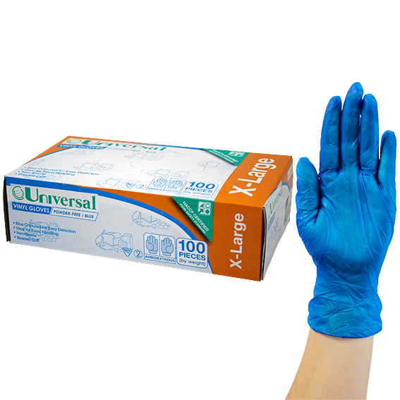 Universal Vinyl Gloves Recyclable 6.0g HACCP Powder Free Extra Large 100/Box - Blue x65