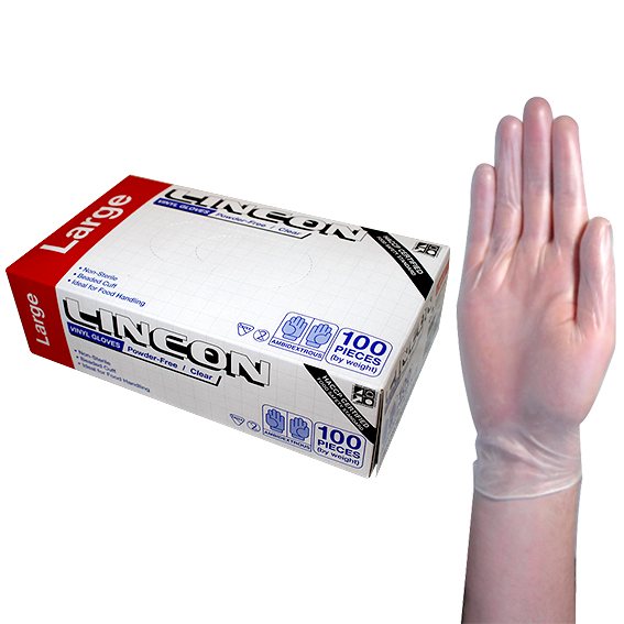 Lincon Vinyl Gloves Recyclable 5.5g HACCP Grade Powder Free Large 100/Box - Clear x70