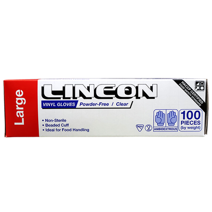 Lincon Vinyl Gloves Recyclable 5.5g HACCP Grade Powder Free Large 100/Box - Clear x70