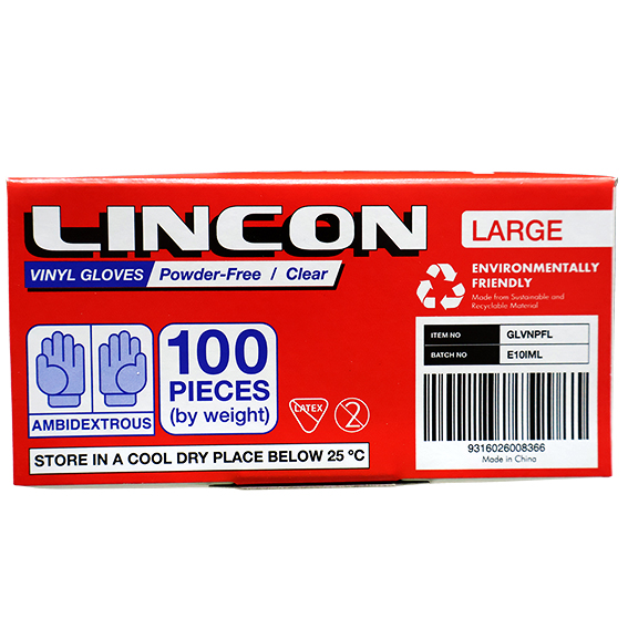 Lincon Vinyl Gloves Recyclable 5.5g HACCP Grade Powder Free Large 100/Box - Clear x70