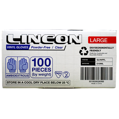 Lincon Vinyl Gloves Recyclable 5.5g HACCP Grade Powder Free Large 100/Box - Clear x70