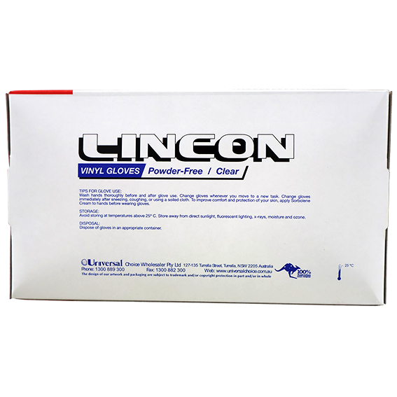 Lincon Vinyl Gloves Recyclable 5.5g HACCP Grade Powder Free Large 100/Box - Clear x70