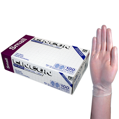 Lincon Vinyl Gloves Recyclable 4.5g HACCP Powder Free Small 100/Box 1000/Carton - Clear x10