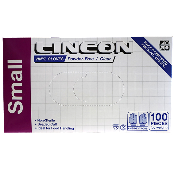 Lincon Vinyl Gloves Recyclable 4.5g HACCP Powder Free Small 100/Box 1000/Carton - Clear x10