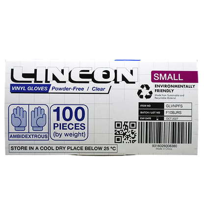 Lincon Vinyl Gloves Recyclable 4.5g HACCP Powder Free Small 100/Box 1000/Carton - Clear x10