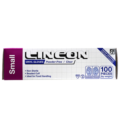 Lincon Vinyl Gloves Recyclable 4.5g HACCP Powder Free Small 100/Box 1000/Carton - Clear x10