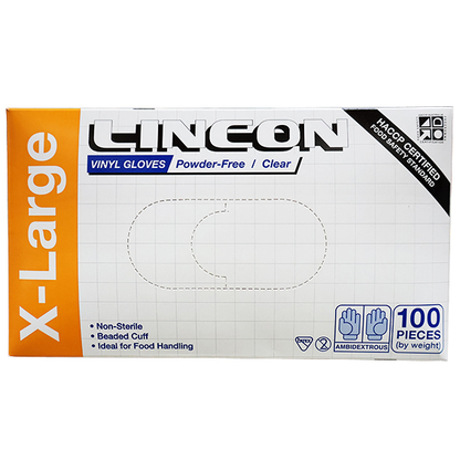 Lincon Vinyl Gloves Recyclable 6.0g HACCP Powder Free Extra Large 100/Box 1000/Carton - Clear x10