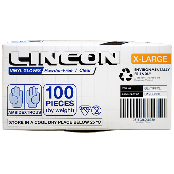 Lincon Vinyl Gloves Recyclable 6.0g HACCP Powder Free Extra Large 100/Box 1000/Carton - Clear x10