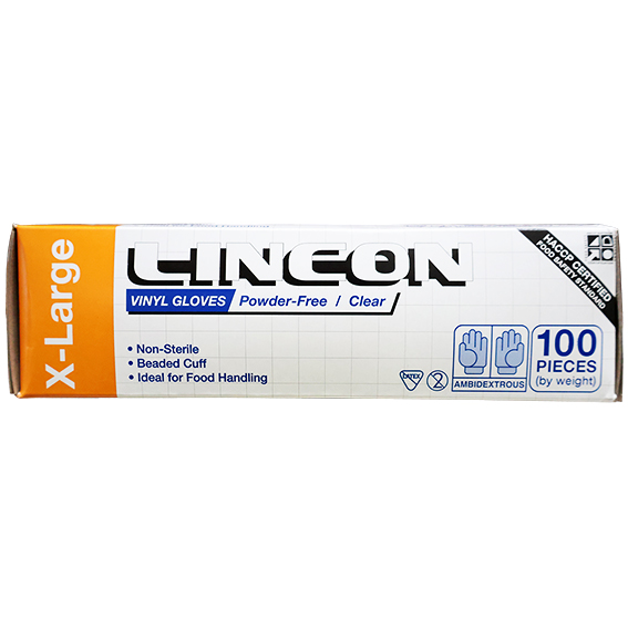 Lincon Vinyl Gloves Recyclable 6.0g HACCP Powder Free Extra Large 100/Box 1000/Carton - Clear x10