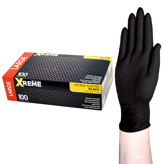 Livingstone Xtreme Thick Heavy Duty Nitrile Gloves Powder Free Large 100/Box - Black x45