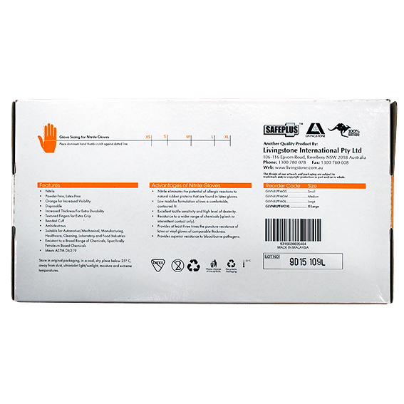 Safeplus Thick Nitrile Gloves 245mm Cuff Heavy Duty Powder Free EN374 Extra Large 100/Box - Orange x15