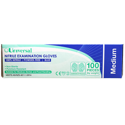 Universal Nitrile Examination Gloves AS NZ Powder Free EN374 Medium HACCP 100/Box - Blue x45