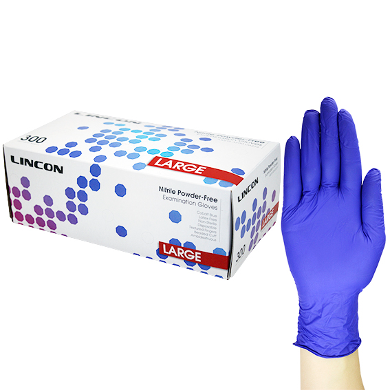 Lincon Nitrile Gloves Examination Powder Free ASTM EN374 Non Sterile Large 300/Box - Cobalt Blue x20