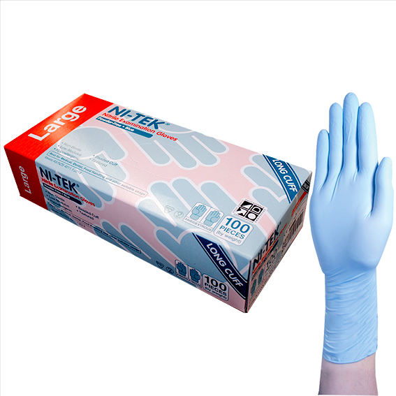 Ni-Tek Nitrile Examination Gloves Long Cuff 300mm AS/NZ Powder Free EN374 Large HACCP 100/Box - Blue x35