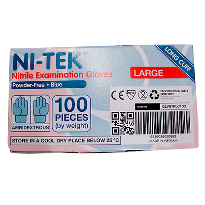 Ni-Tek Nitrile Examination Gloves Long Cuff 300mm AS/NZ Powder Free EN374 Large HACCP 100/Box - Blue x35