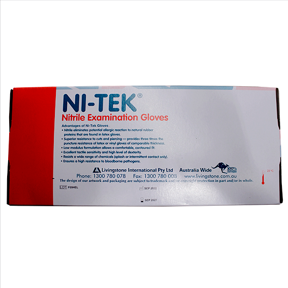 Ni-Tek Nitrile Examination Gloves Long Cuff 300mm AS/NZ Powder Free EN374 Large HACCP 100/Box - Blue x35