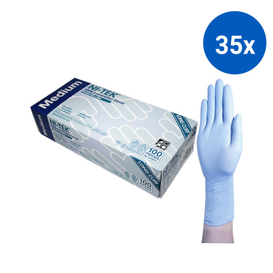 Ni-Tek Nitrile Examination Gloves Long Cuff 300mm AS/NZ Powder Free EN374 Medium HACCP 100/box - Blue x35
