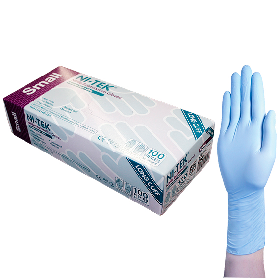 Ni-Tek Nitrile Examination Gloves Long Cuff 300mm AS/NZ Powder Free EN374 Small HACCP 100/Box - Blue x35