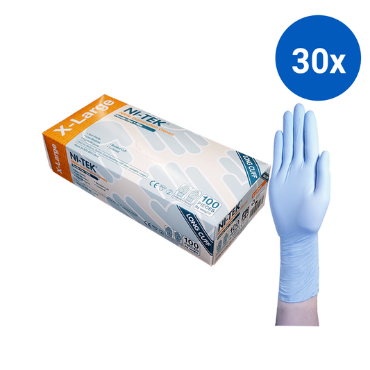 Ni-Tek Nitrile Examination Gloves Long Cuff 300mm AS/NZ Powder Free EN374 Extra Large HACCP 100/Box - Blue x30