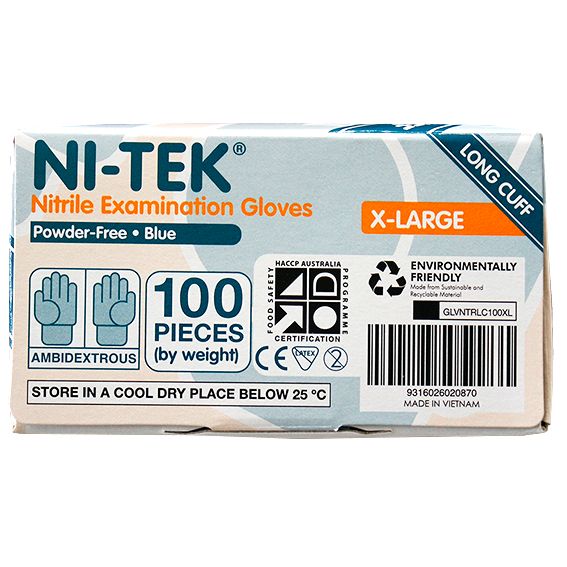 Ni-Tek Nitrile Examination Gloves Long Cuff 300mm AS/NZ Powder Free EN374 Extra Large HACCP 100/Box - Blue x30
