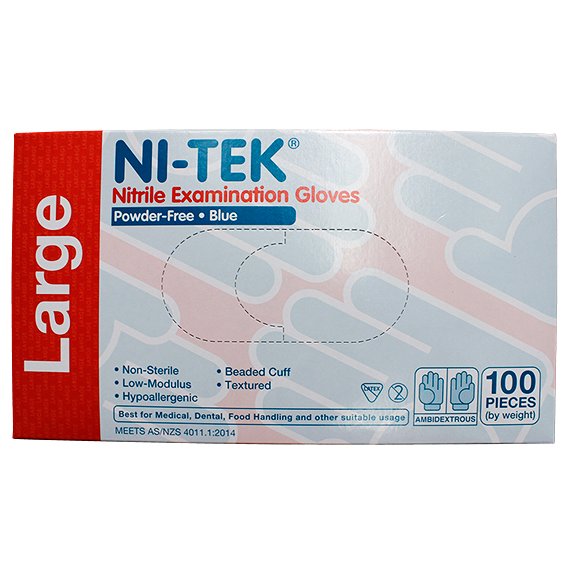 Ni-Tek Nitrile Premium Gloves AS NZ Powder Free EN374 Large HACCP 100/Box - Blue x40