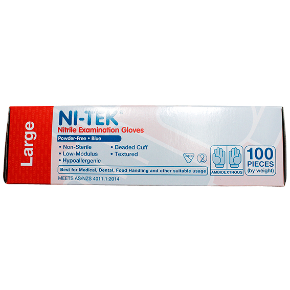 Ni-Tek Nitrile Premium Gloves AS NZ Powder Free EN374 Large HACCP 100/Box - Blue x40