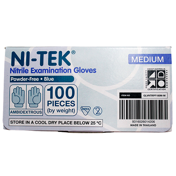 Ni-Tek Nitrile Premium Gloves AS NZ Powder Free EN374 Medium HACCP 100/Box - Blue x40