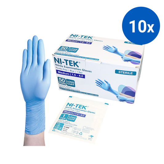 Ni-Tek Nitrile STERILE Exam Gloves 290mm 1 Pair/Pack 50 Pairs/Box - Blue x10