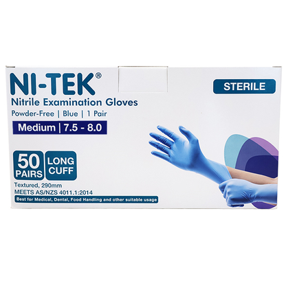 Ni-Tek Nitrile STERILE Exam Gloves 290mm 1 Pair/Pack 50 Pairs/Box - Blue x10