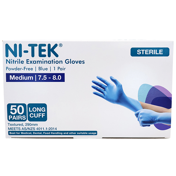 Ni-Tek Nitrile STERILE Exam Gloves 290mm 1 Pair/Pack 50 Pairs/Box - Blue x10
