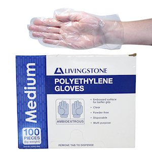 Livingstone Disposable Polyethylene Gloves Medium Size Embossed Ambidextrous Recyclable - Clear x270