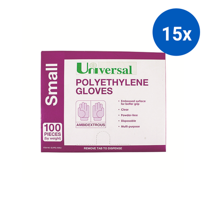 Universal Disposable Polyethylene Gloves Small Latex Free 100/Pack 2500/Carton - Clear x15