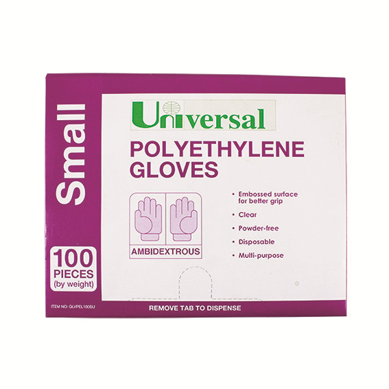 Universal Disposable Polyethylene Gloves Small Latex Free 100/Pack 2500/Carton - Clear x15